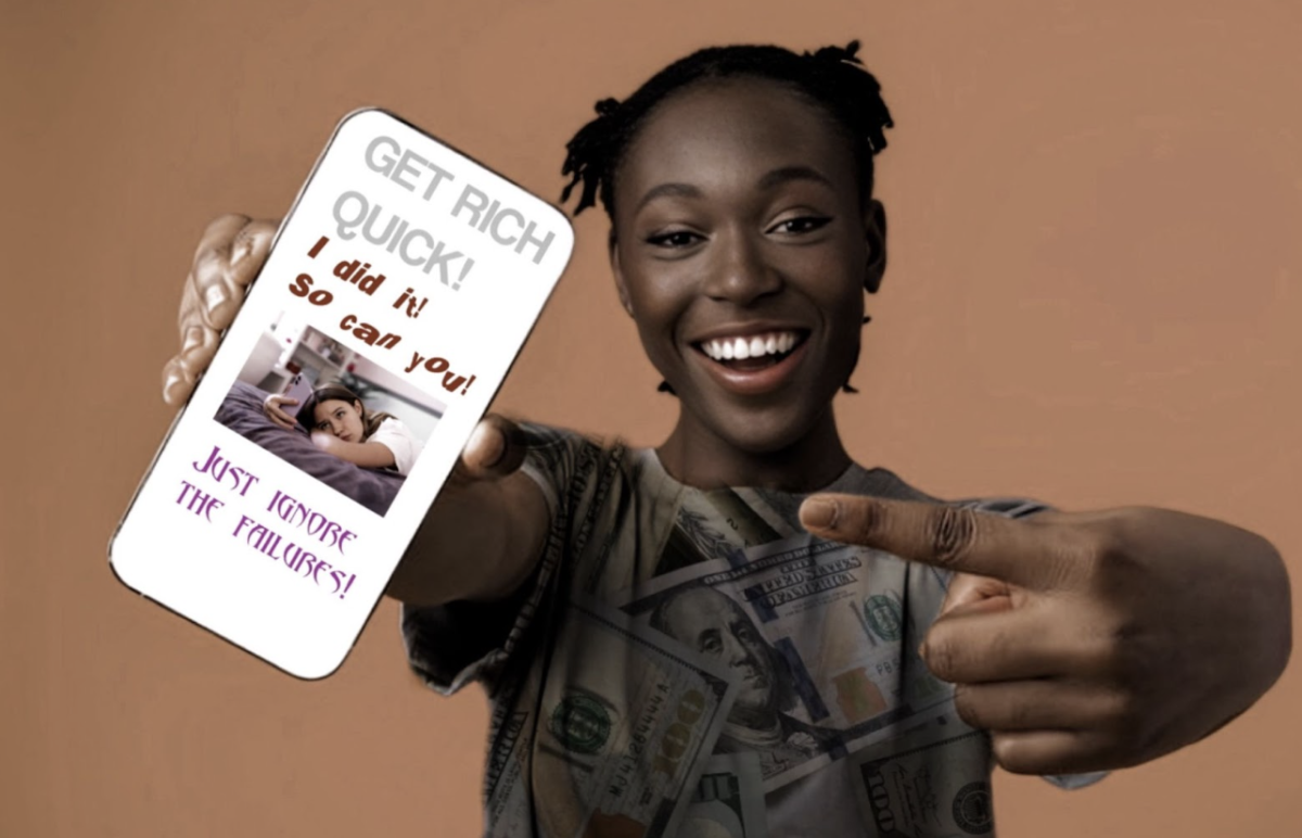Graphic of a woman pointing at her phone. Made by Gabi Saiz.